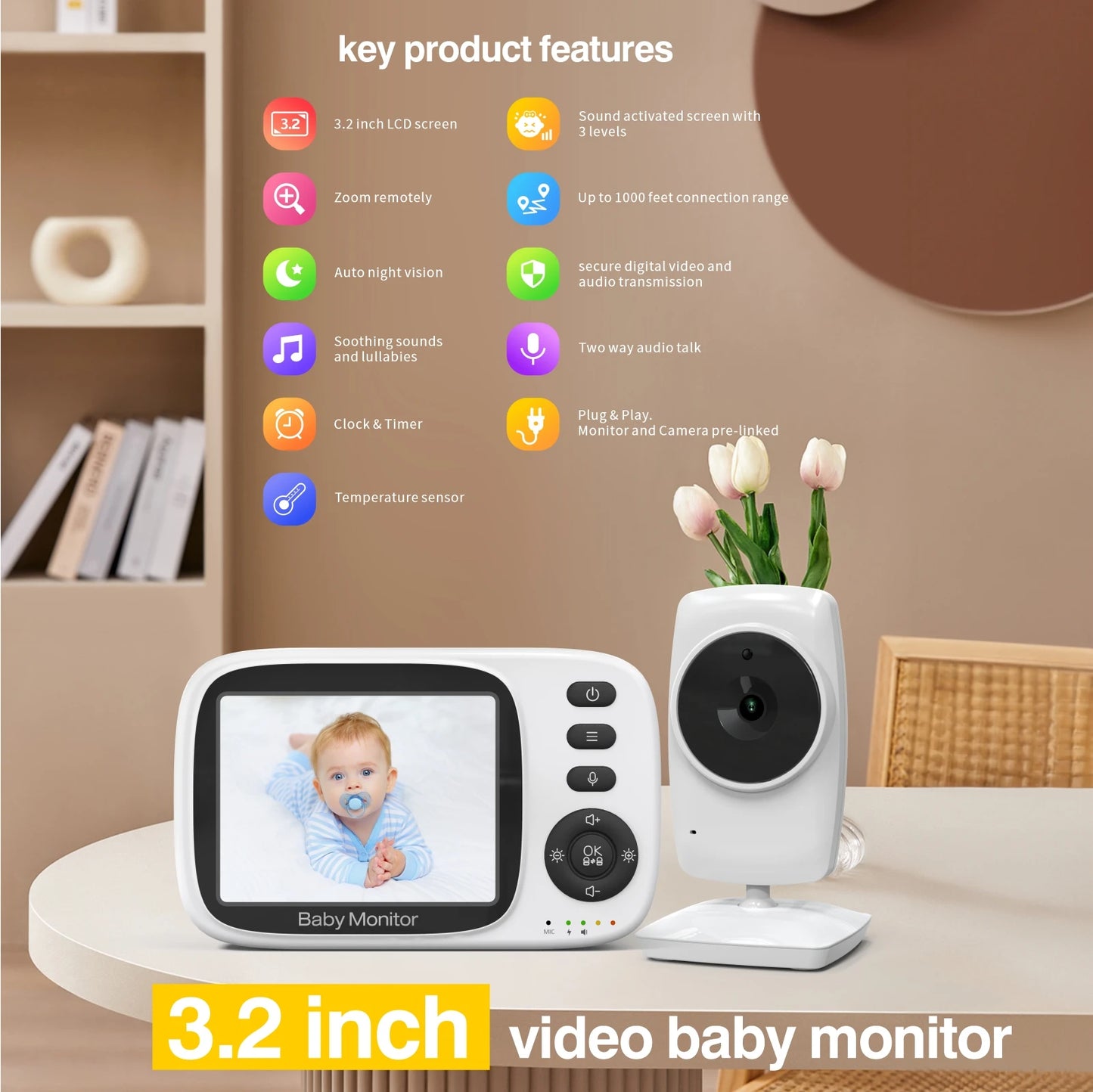 Video Baby Monitor 2.4G Wireless with 3.2 Inches LCD 2 Way Audio