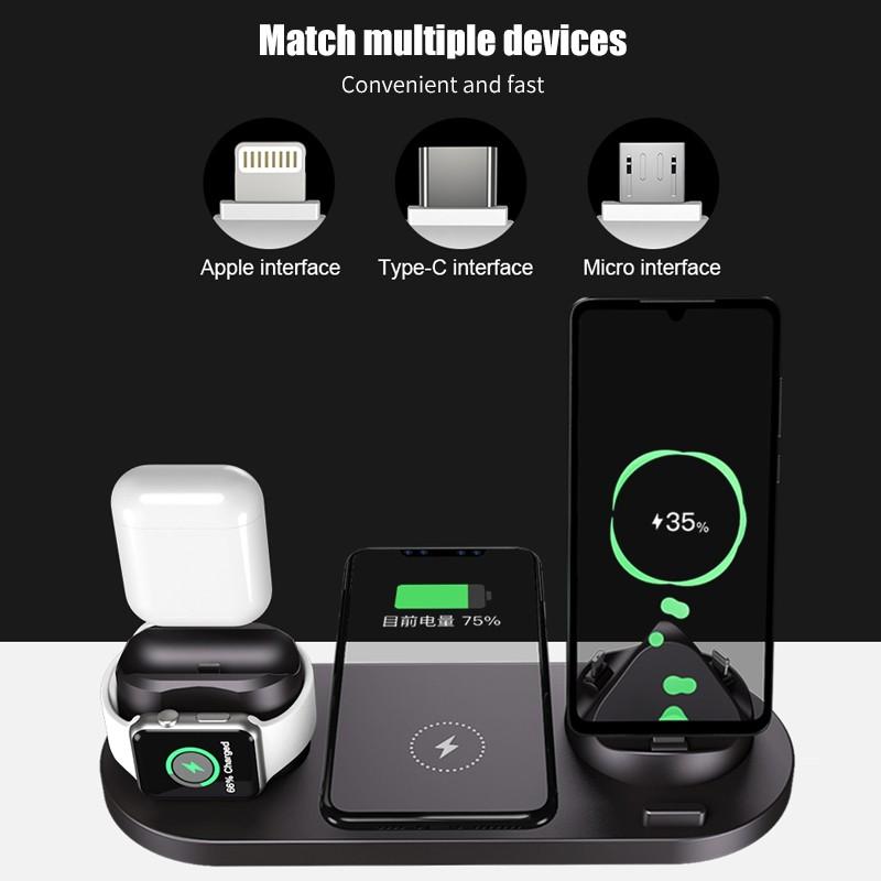 6 in 1 Wireless Charger Dock Station for iPhone/Android/Type-C USB Phones