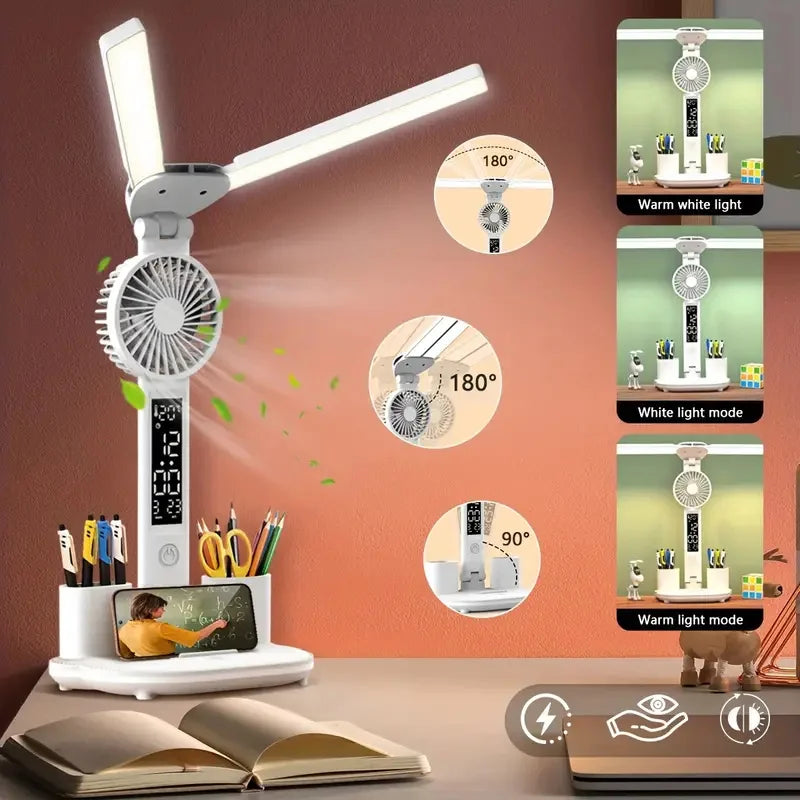 Double-headed Lighting LED Fan Plug-in Radio Light Fan Portable For Bedroom Cooling Eye Protection Study College Table Lamp